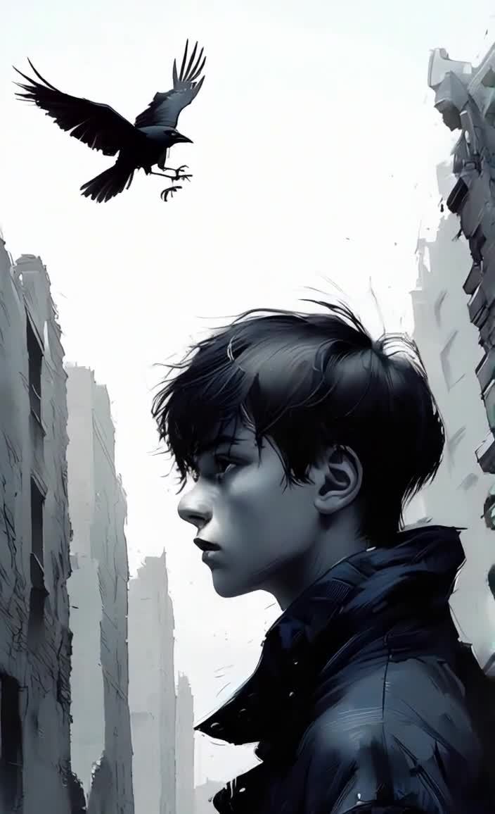 一个年轻的男孩侧身站在一条狭窄的街道上，他穿着一件