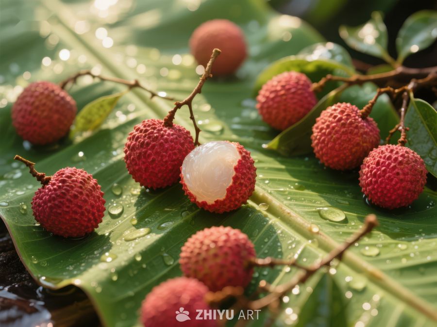 新鲜荔枝与绿叶上的水珠 712