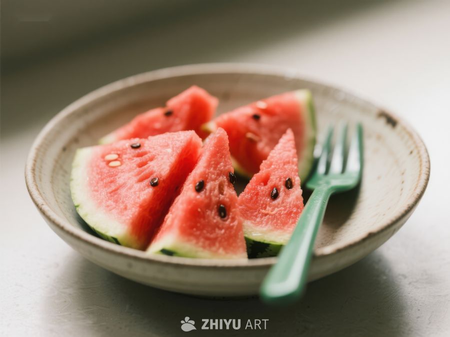 碗中切片西瓜配叉子 444