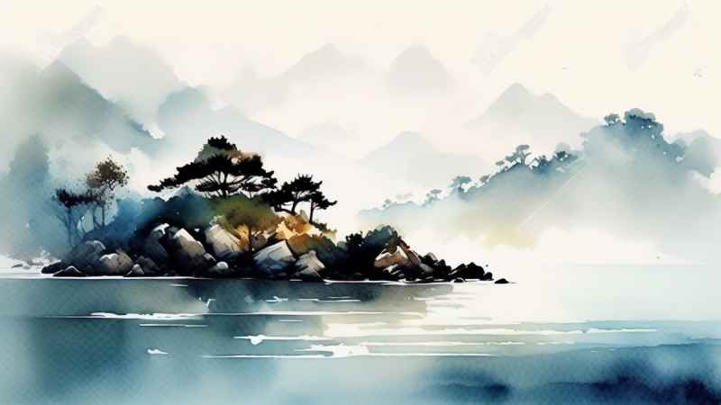 雾气缭绕大海山水画简约风格 13