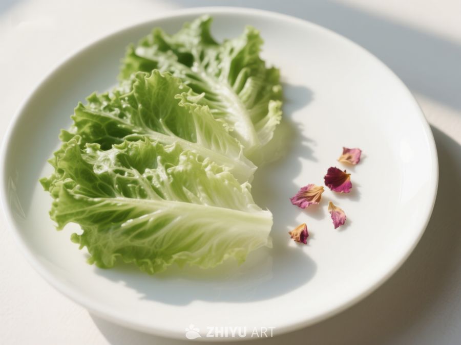 新鲜生菜与花瓣点缀的白色盘子 515