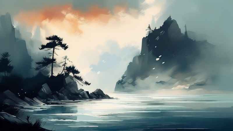 雾气缭绕水墨山水画简约风格 6