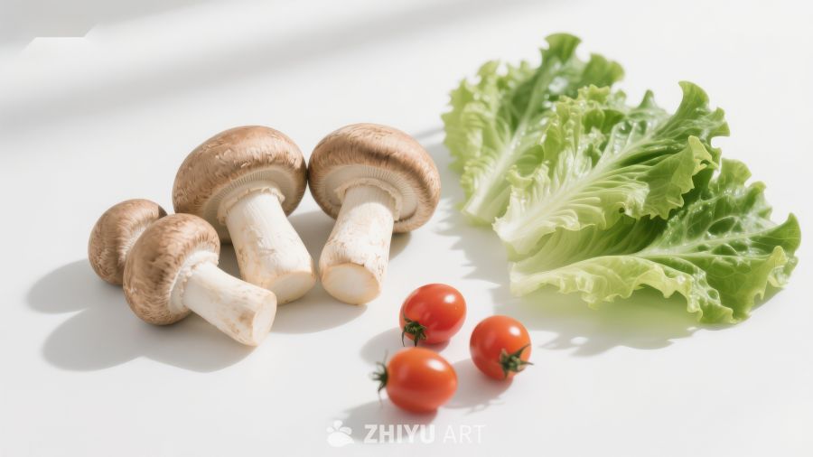 新鲜蘑菇、樱桃番茄与生菜的组合