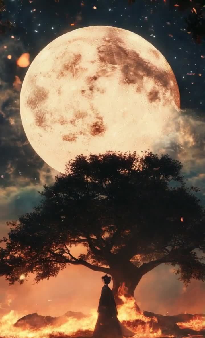夜空中悬挂着一轮巨大的月亮，月亮表面呈现出棕褐色斑