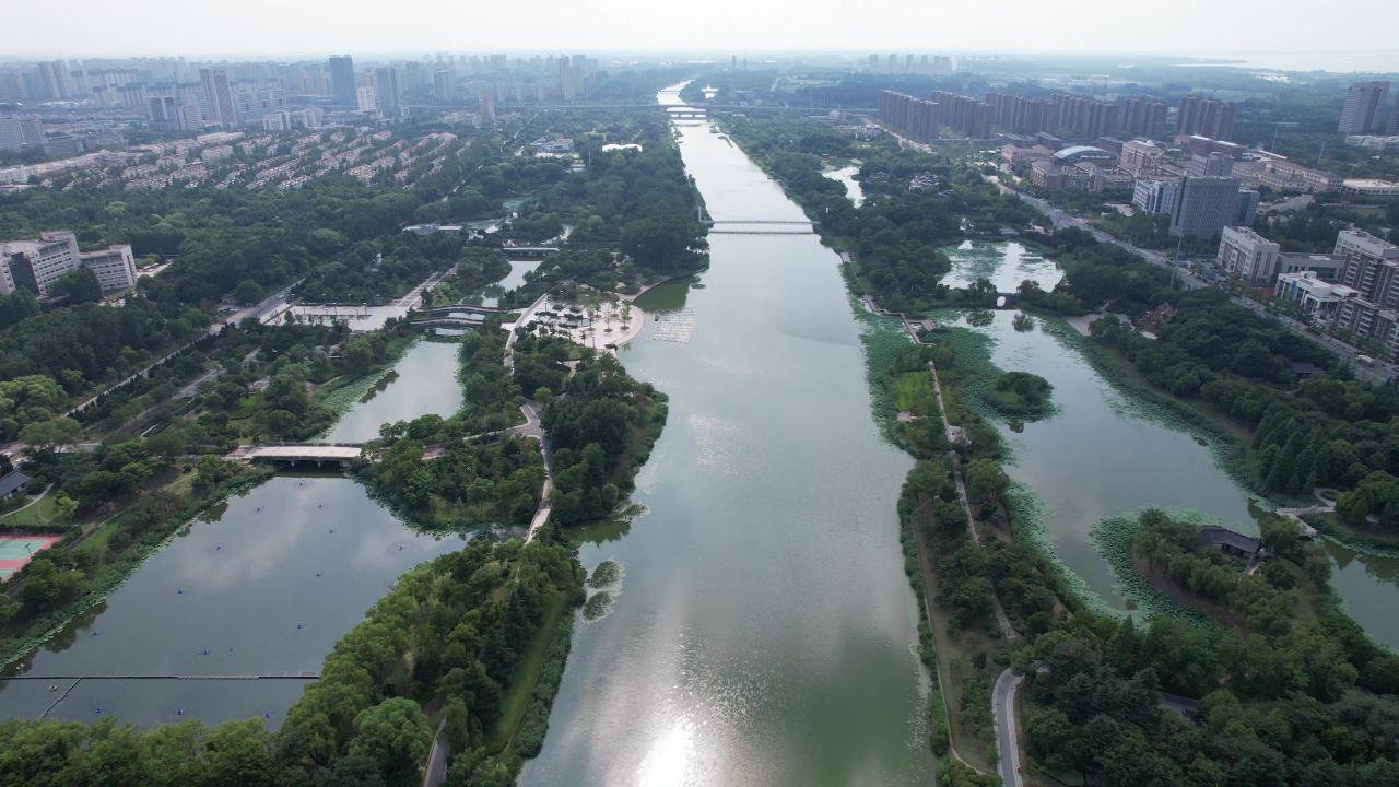 江苏宿迁城市风光绿化植物公园古运河航拍 