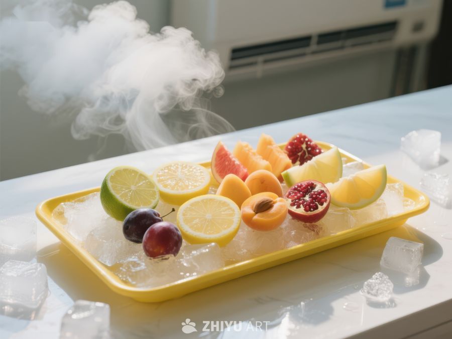 冰块上的水果拼盘，蒸汽缭绕 17