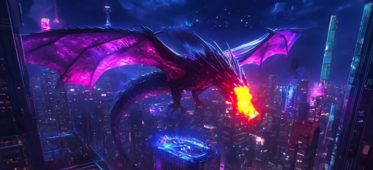 霓虹都市夜空下的紫翼黑龙