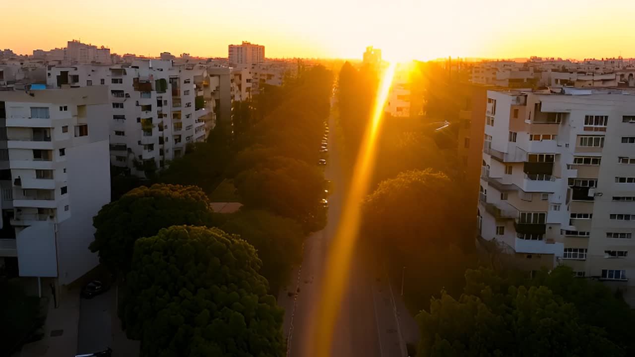 日出时分的阿拉伯城市鸟瞰图，街道两旁绿树成荫，建筑