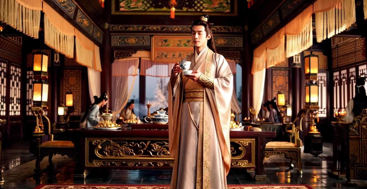 中国古代宫殿内，一位身着古代服饰的年轻男子站在画面