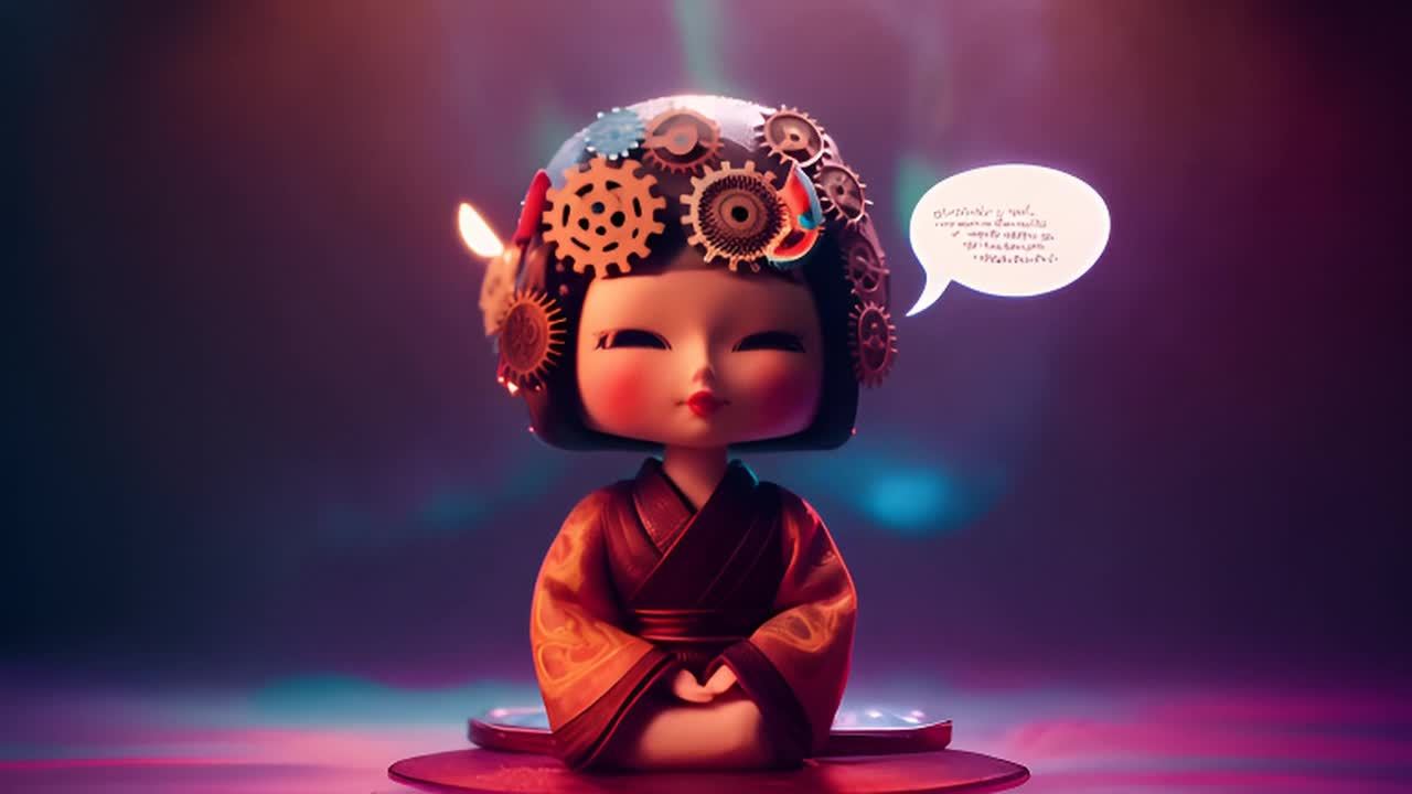 一个传统的日本娃娃，头部有齿轮，周围环绕着红色光环