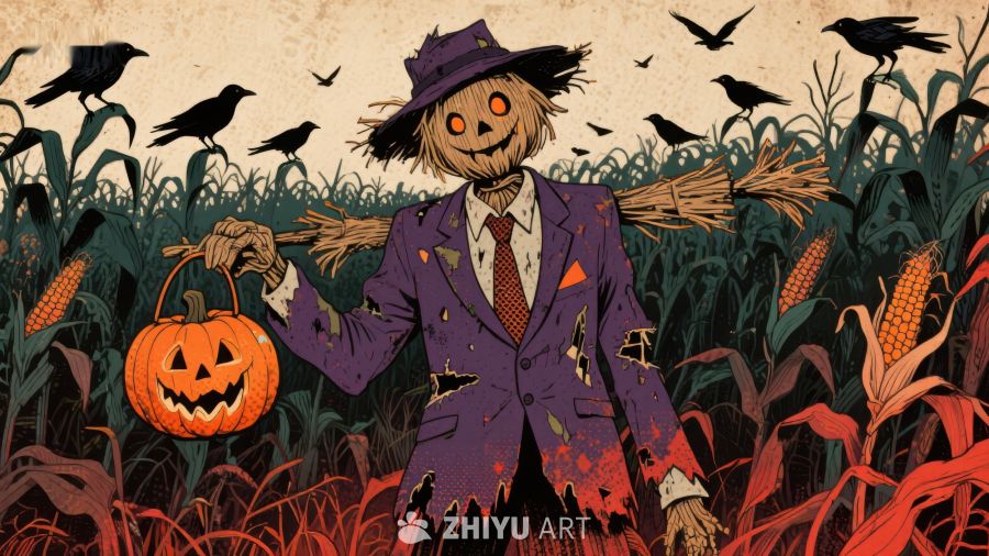 紫衣稻草人手持南瓜灯