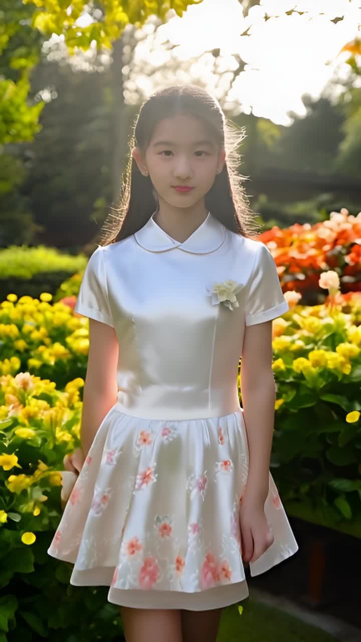 一个身穿白色缎面短袖短裙校服的日本高中女生站在一个