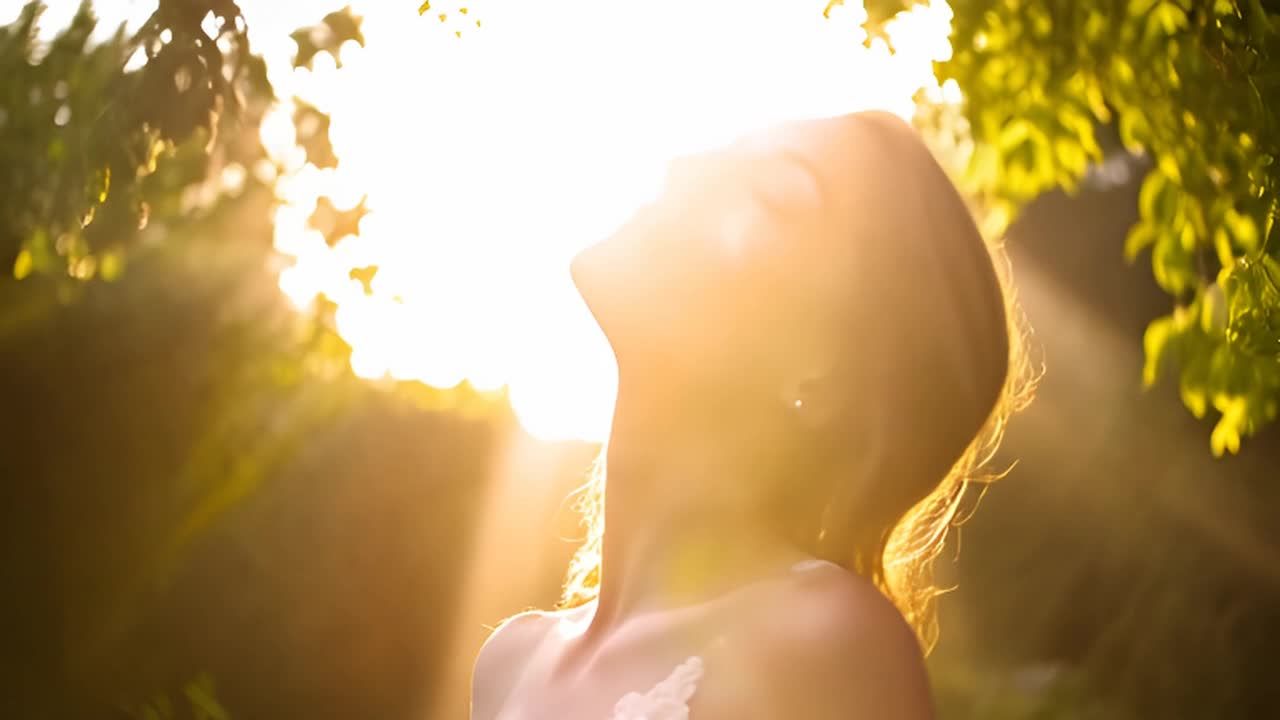 一位女子站在阳光照射的花园里，她仰着头。阳光穿过树