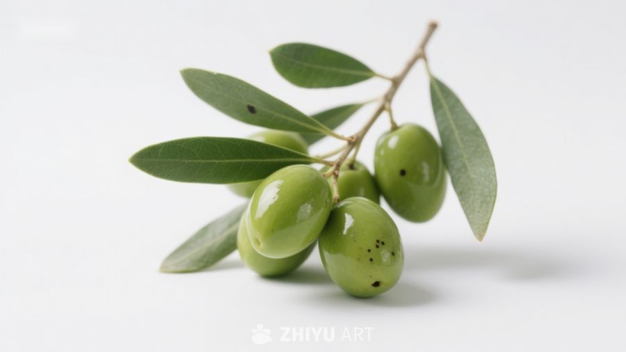 新鲜橄榄枝上的绿色果实 654