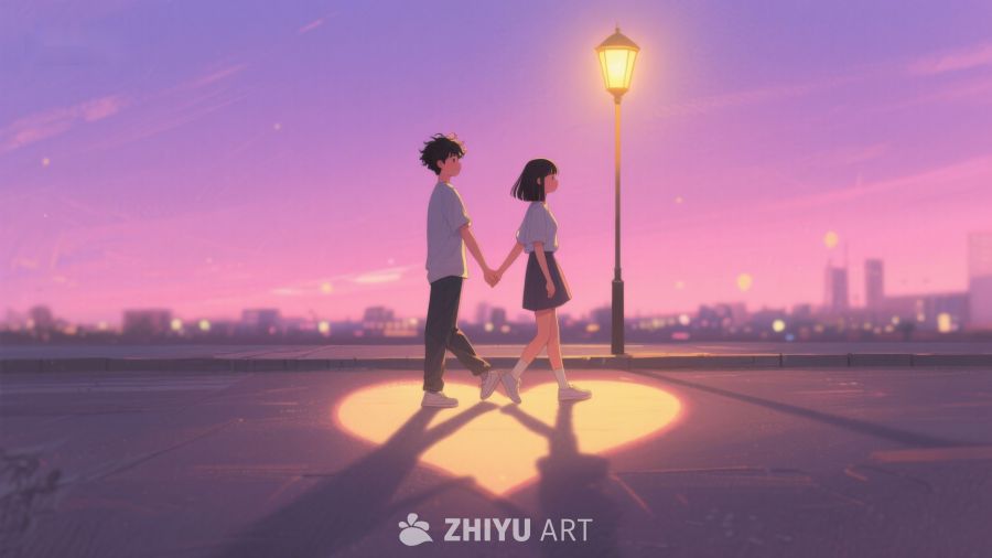 黄昏路灯下牵手的两人 199