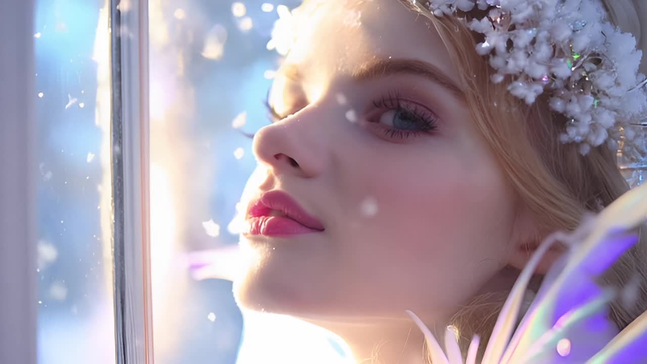 窗外飘落着雪花，映衬着一位女性的面部。她戴着白色头