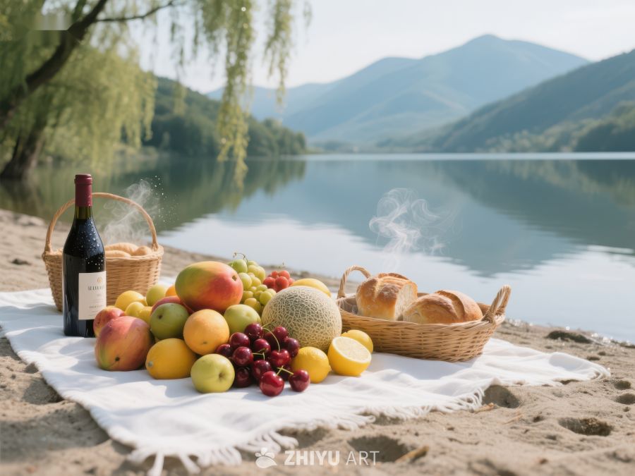 湖畔野餐，水果美酒与面包 280