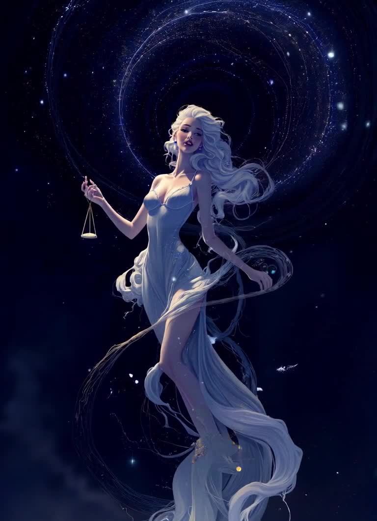 一位有着白色长发和白色连衣裙的女子，手持天秤，站在