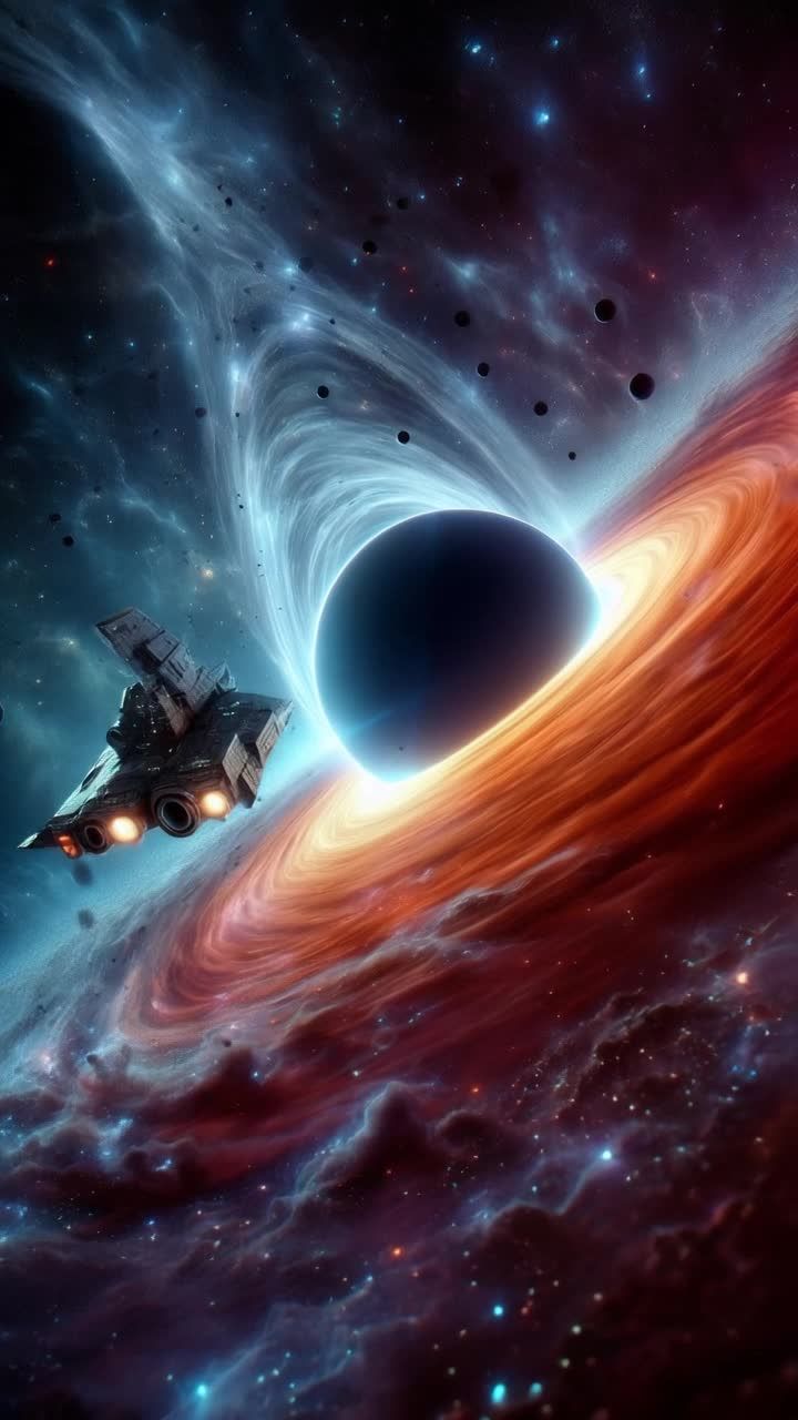 一艘未来主义宇宙飞船漂浮在一个巨大的黑洞附近，黑洞
