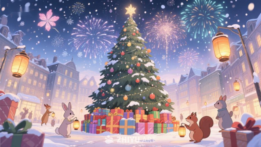 雪夜圣诞树与烟花 371