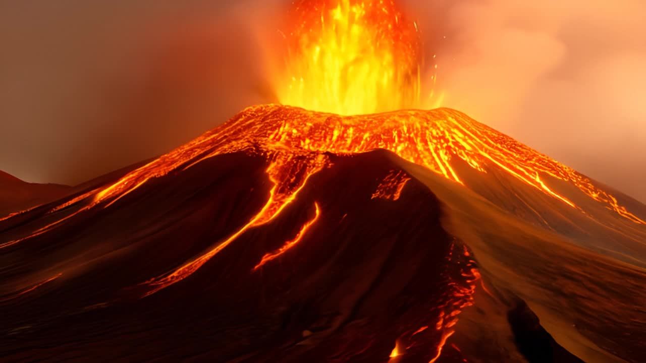 一座火山正在喷发，山顶喷出火焰和烟雾。炽热的岩浆从