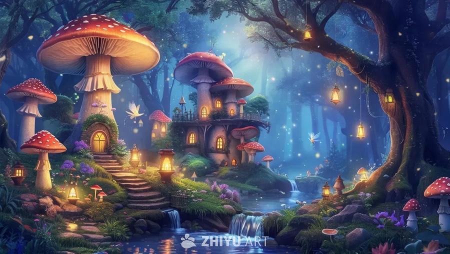 一个充满仙女、巨型蘑菇和闪闪发光的小溪的魔法森林，