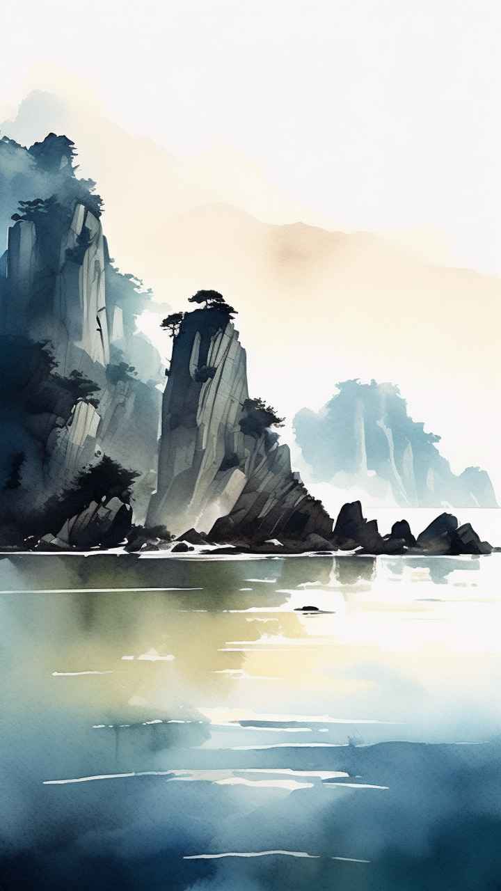 雾气缭绕大海山水画简约风格 30