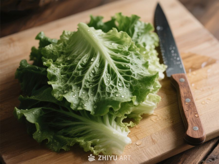 新鲜生菜置于木质砧板上 525