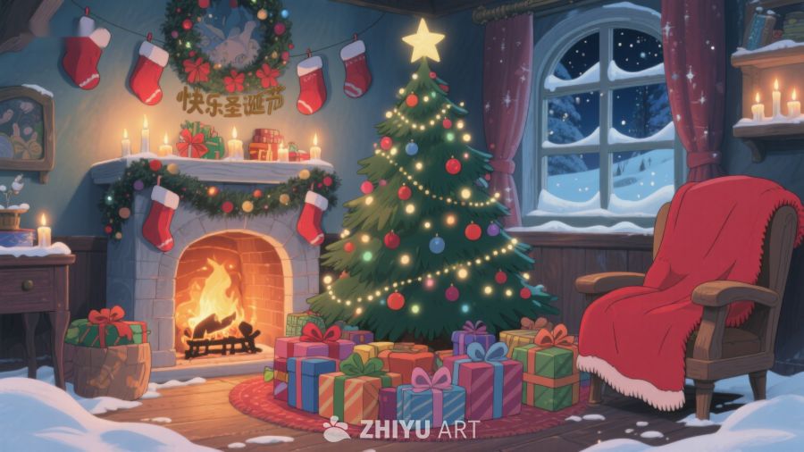 温馨圣诞夜室内场景 339