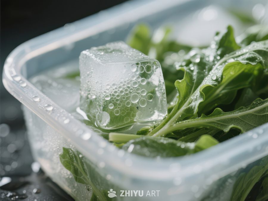 冰块与绿叶蔬菜的保鲜场景 13