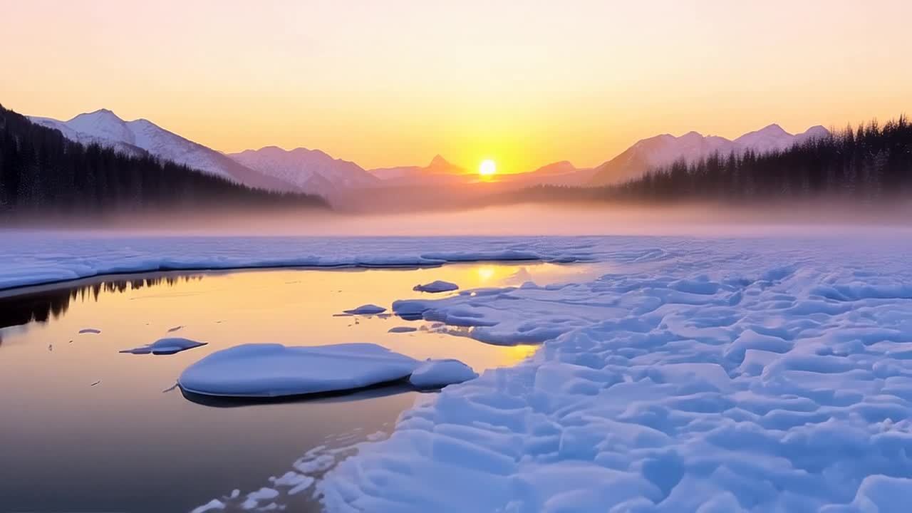雪覆盖的旷野上，太阳正在缓慢升起，背景中有可见的冰