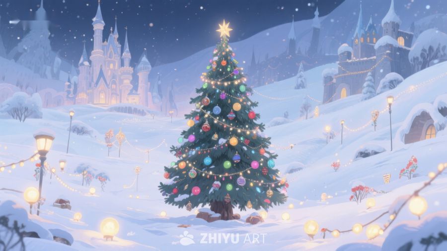 雪夜城堡前的圣诞树 349