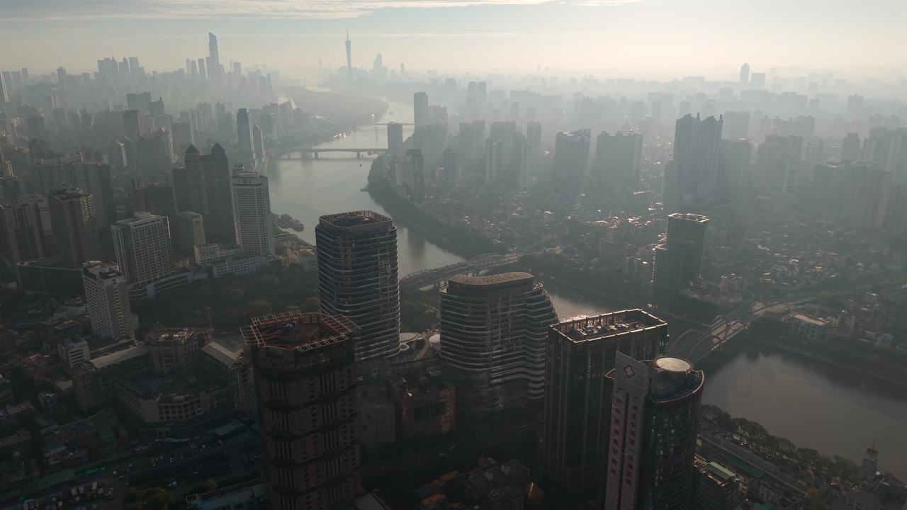 广州珠江晨雾航拍视频4K