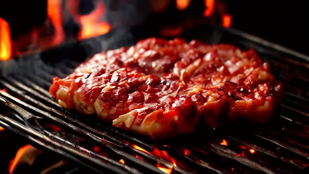 一块生肉放在烤架上，下方有火焰燃烧。肉的表面覆盖着