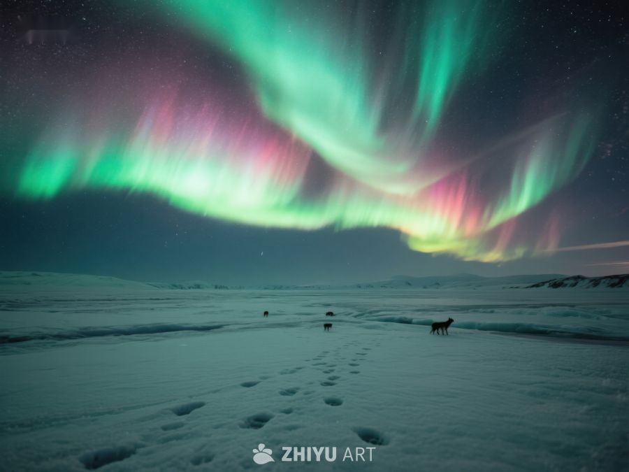 极光下的雪地足迹 39