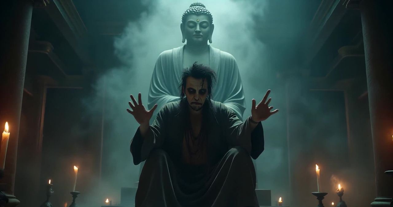 一个人跪坐在一个房间里，他的身后是一个巨大的佛像。