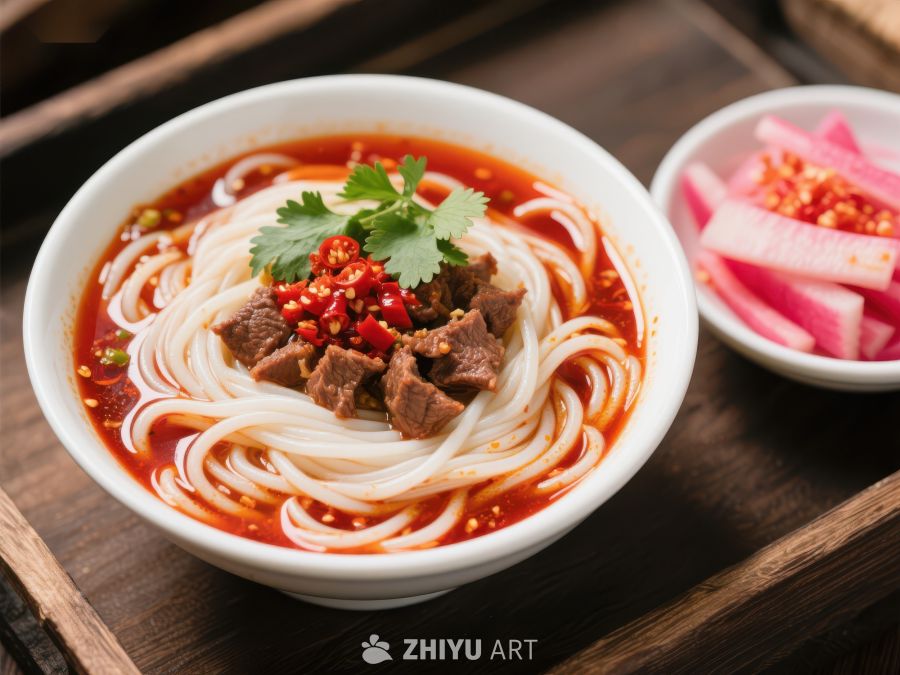 麻辣牛肉米粉，配以泡菜点缀 648
