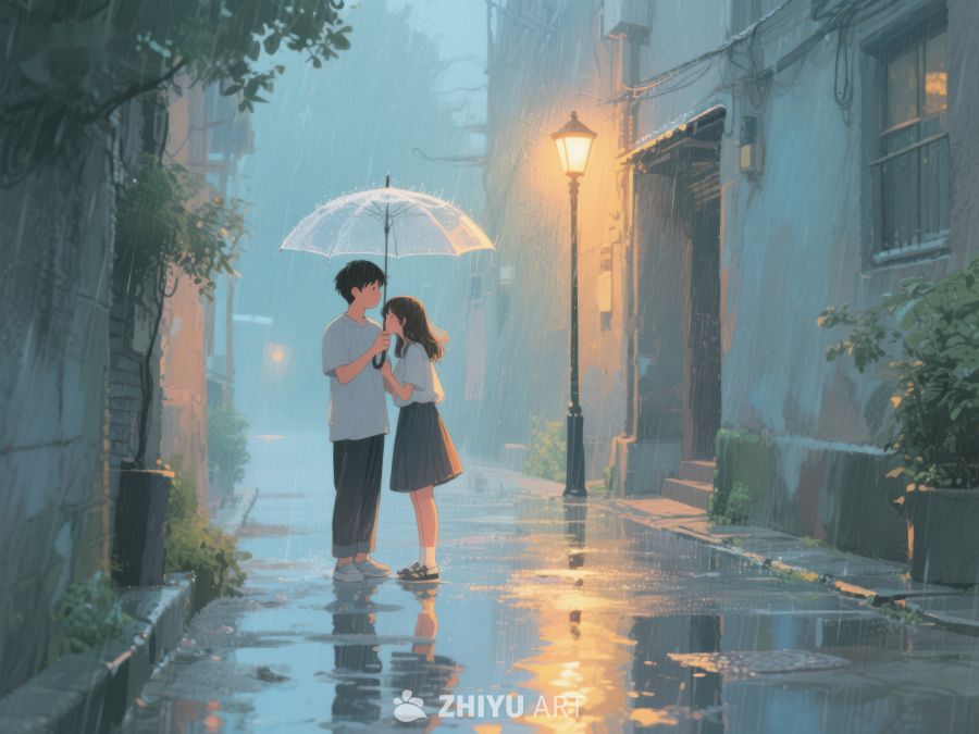 雨夜街巷，伞下情侣温馨相依 1057