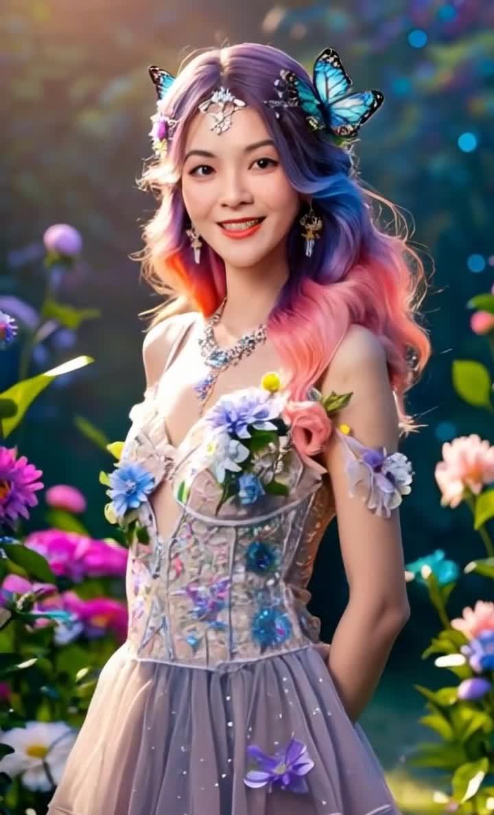 花海美人：发色服饰梦幻，笑容甜美可人。
