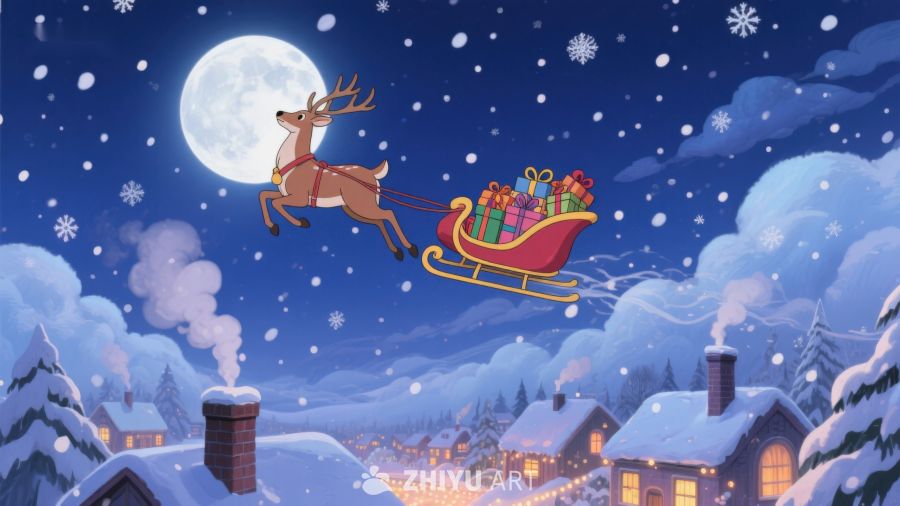雪夜驯鹿拉着满载礼物的雪橇飞翔 479