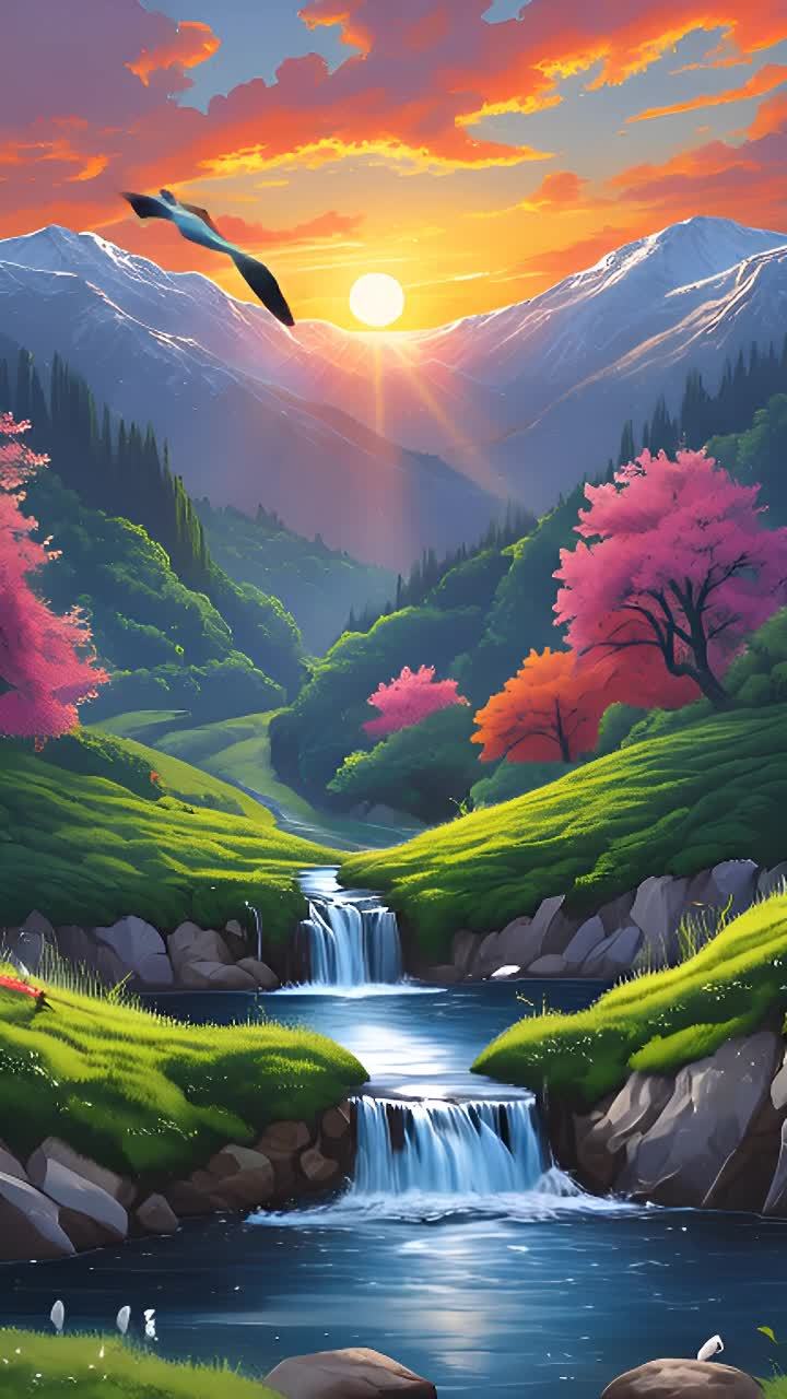 山谷中的河流蜿蜒流淌，瀑布从山上倾泻而下，汇入深蓝