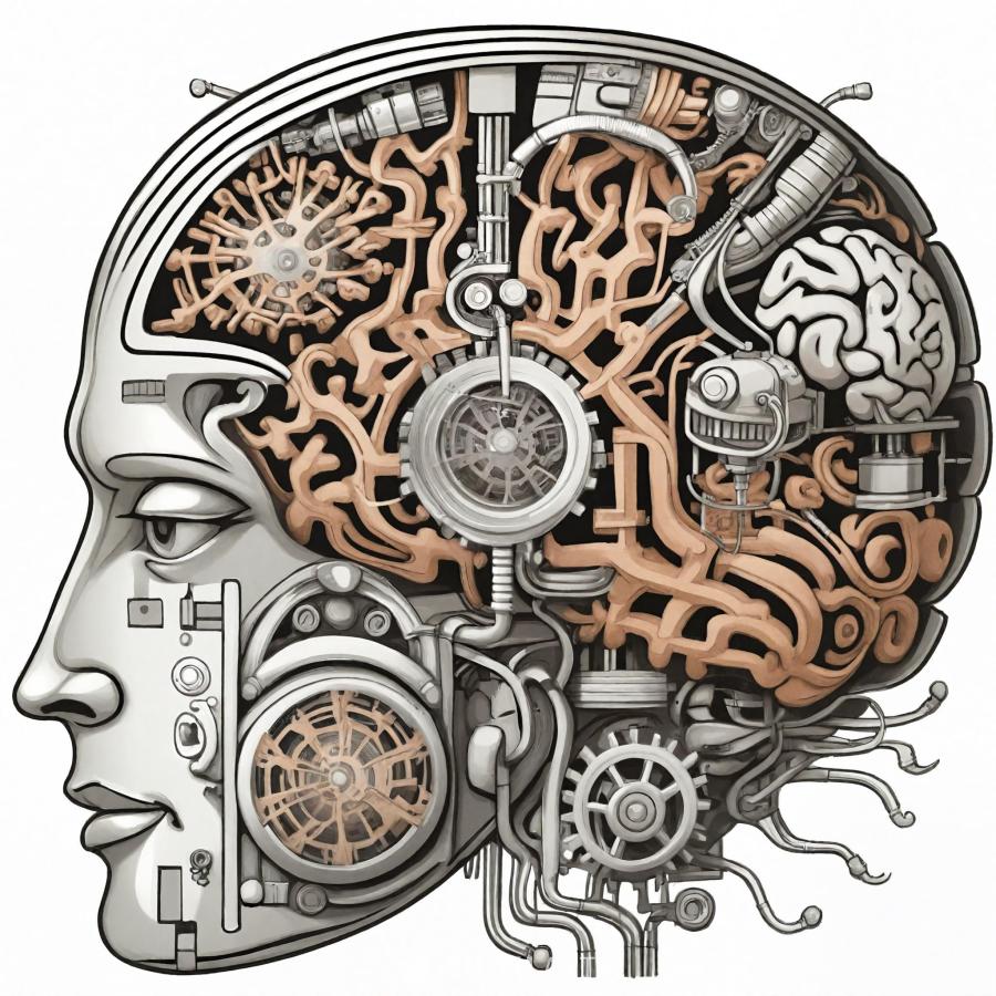 一幅插图，描绘了一个人类大脑，其中包含复杂的机械部