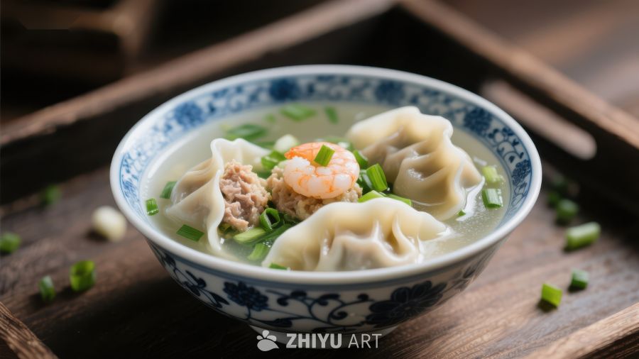 鲜美馄饨汤，虾仁肉馅搭配葱花