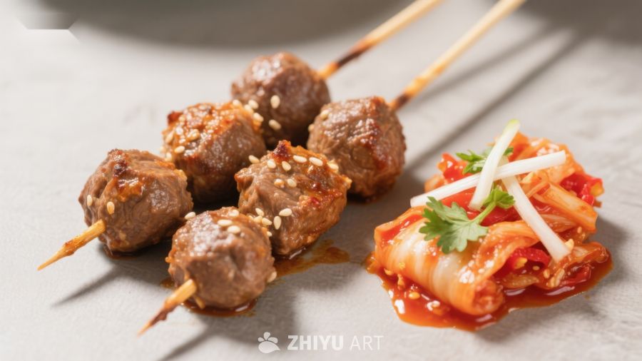 烤肉串配泡菜卷，美味韩式料理