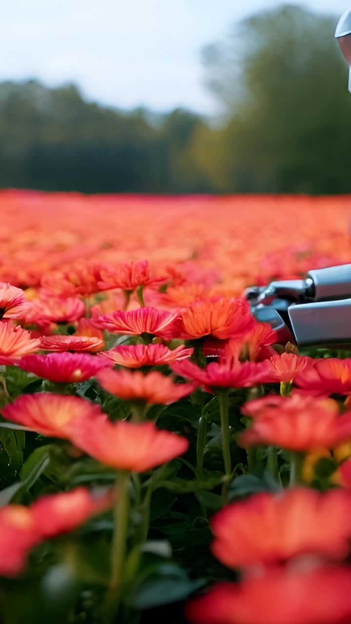 田野里有一片鲜艳的花朵，颜色为橙红色。花的中心呈深色，花瓣层层叠叠，向外散开。花茎是绿色的，笔直地挺立着。背景模糊，可以看到更多的花朵和树木。