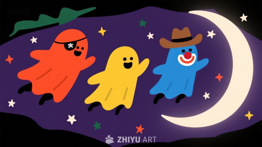 夜晚星空下的三个卡通角色