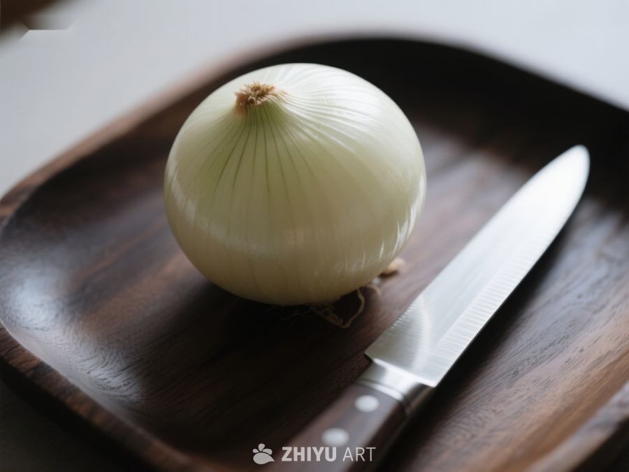 洋葱与刀置于木质托盘 582