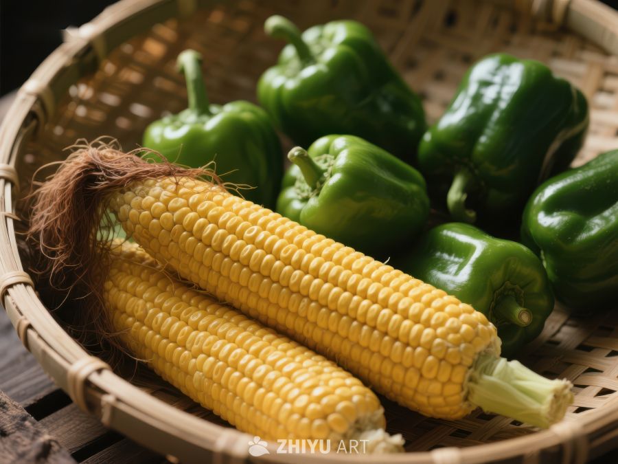 新鲜玉米与青椒置于竹篮中 777