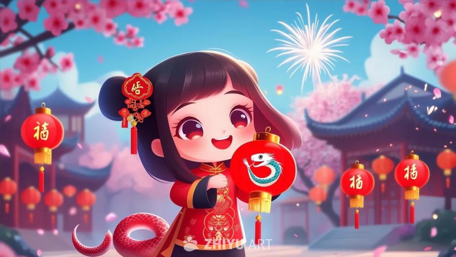 一个卡通风格的中国新年人物，拿着一个绘有生肖蛇的灯