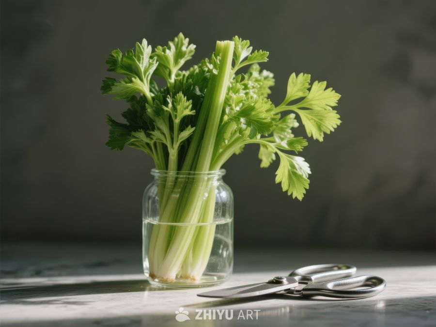新鲜芹菜置于玻璃瓶中 585